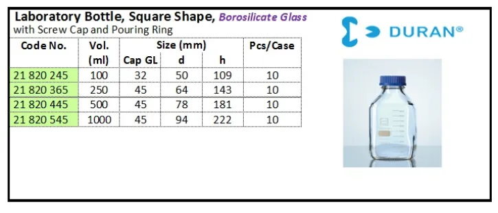 GLASSWARE Laboratory Bottle, Square Shape laboratory bottle square shape