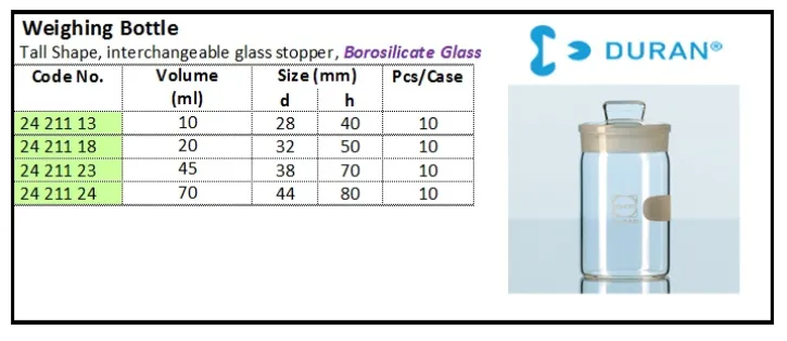 GLASSWARE Weighing Bottle, Tall Shape weighing bottle tall shape